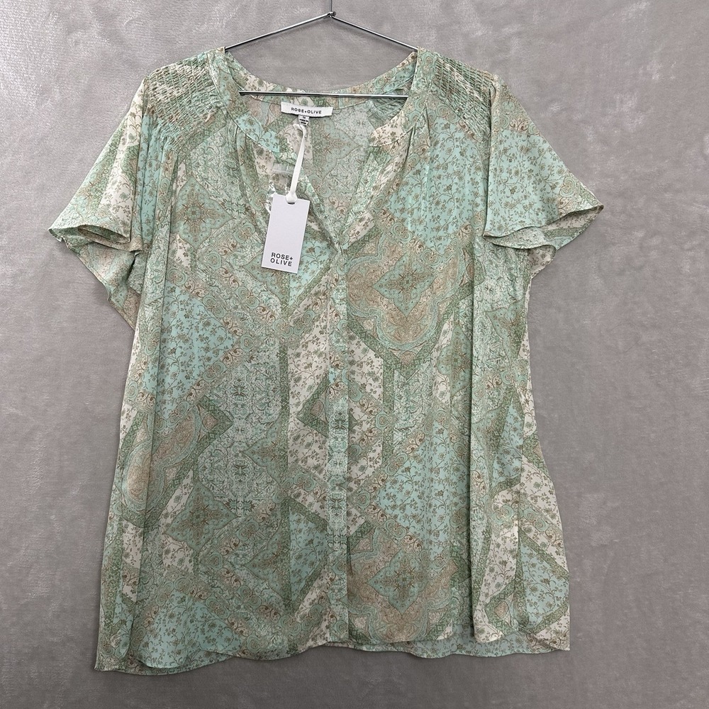 Rose & Olive Top Women's 1X Floral Paisley Button Up Semi‎ Sheer Fairy Whimsy